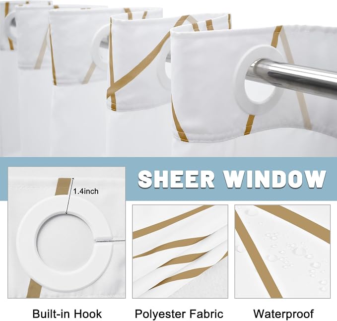 LXBNI No Hook Shower Curtain with Snap-in Liner, Waterproof & Washable Polyester Fabric, Abstract Line Pattern, Hotel Style Modern Shower Curtains for Bathroom, 71x80 Inches,Gold White