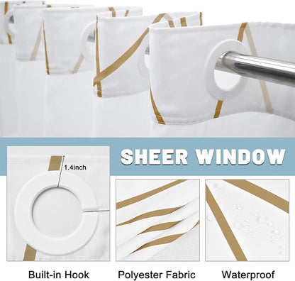 LXBNI No Hook Shower Curtain with Snap-in Liner, Waterproof & Washable Polyester Fabric, Abstract Line Pattern, Hotel Style Modern Shower Curtains for Bathroom, 71x80 Inches,Gold White