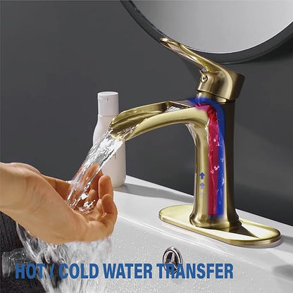 Yundoom Brushed Gold Bathroom Faucet - Single Hole Or 3 Hole, Farmhouse Rv Brass, Waterfall Design, 4 Inch Deck Plate