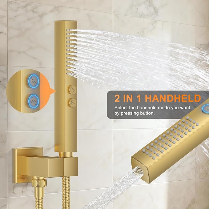 Brushed Gold Shower System with Tub Spout, Ceiling Mounted Bathtub Shower Faucet Set, 12" Rainfall Shower Head and Handheld Shower Combo, High Pressure Shower Fixtures Set with Rough-in Valve