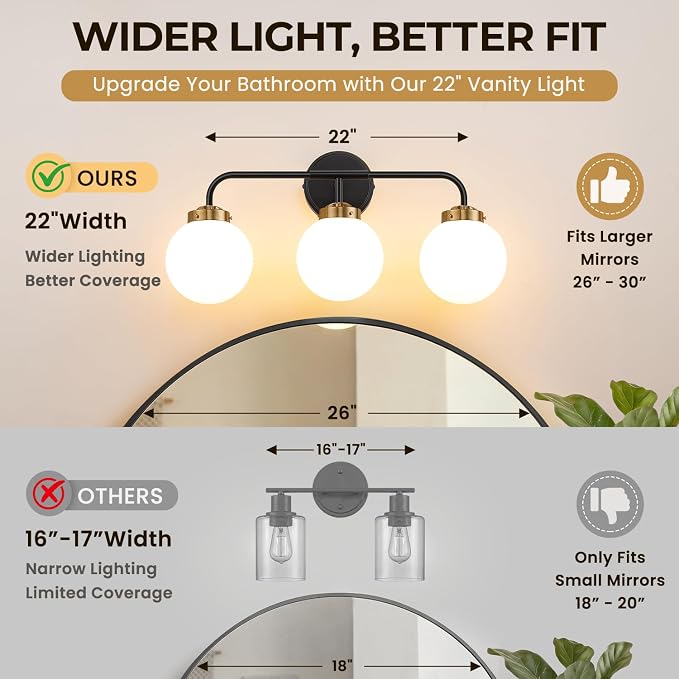 Modern Black and Gold Vanity Lights for Bathroom, Mid Century 3 Light Bathroom Vanity Light with Globe Milky White Glass Shade Over Mirror, Black and Gold Wall Sconce for Bathroom Hallway Living Room