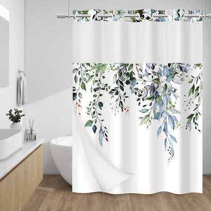 No Hook Floral Shower Curtain with Liner, Eucalyptus Green, 71x77 | Snap in Liner, 3 in 1, Water Repellent, Easy Install, Machine Washable, Hotel Style for Bathroom, Watercolor Pattern