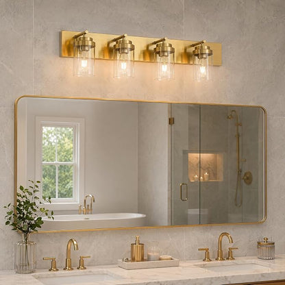4-Light Bathroom Light Fixtures, Brushed Gold Vanity Lights | Modern Bathroom Lighting Fixtures Over Mirror, Vanity Lights for Bathroom, Mirror, Restroom, Bedroom, E26
