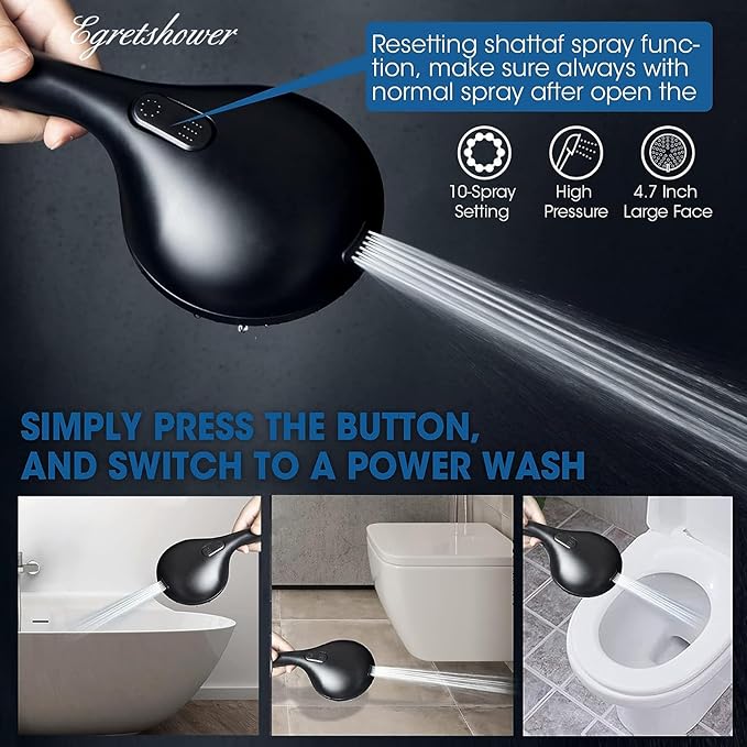 Shower Head with Handheld,High Pressure, 10 Spray Modes, Black | High Pressure Shower Head With 10 Spray Modes, Stay Clean Nozzles, Power Wash for Tub, Tile & Pets, Long 5 ft Hose