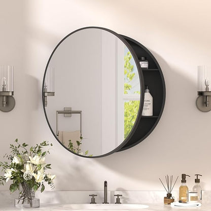 30 x 30 Inch Round Black Mirror Medicine Cabinet Surface Mounted, Circular Modern Bathroom Medicine Cabinet with Mirror, Metal Framed Medicine Cabinets with Tempered Glass Mirror