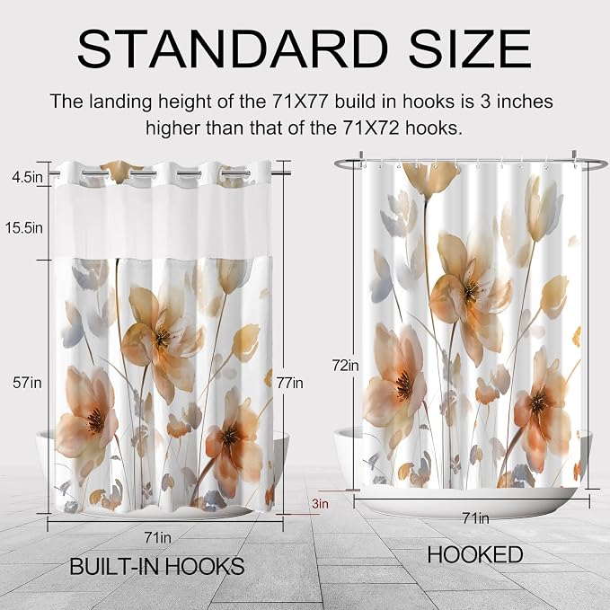 No Hook Shower Curtain and Liner Set, Orange Boho Floral 71x77 | Watercolor Boho Flower, with Snap in Liner, Waterproof, Machine Washable, Quick-Drying, for Hotel Bathroom