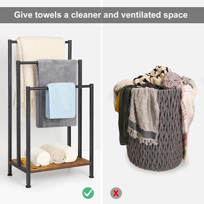 Towel Rack Freestanding, Blanket Rack Stand with Wooden Storage | Standing Towel Rack, 3 Tier Blanket Holder for Bathroom, Towel Drying Holder Stand with Shelf, Rustic Brown and Black