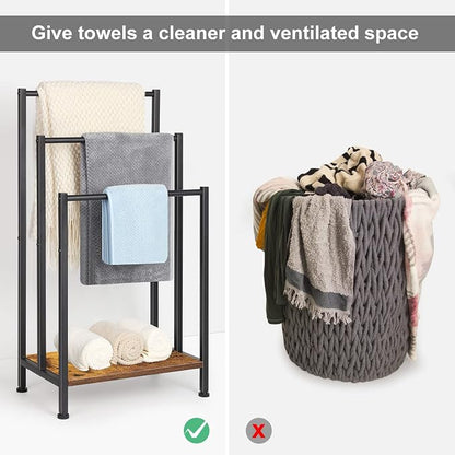 Towel Rack Freestanding, Blanket Rack Stand with Wooden Storage | Standing Towel Rack, 3 Tier Blanket Holder for Bathroom, Towel Drying Holder Stand with Shelf, Rustic Brown and Black