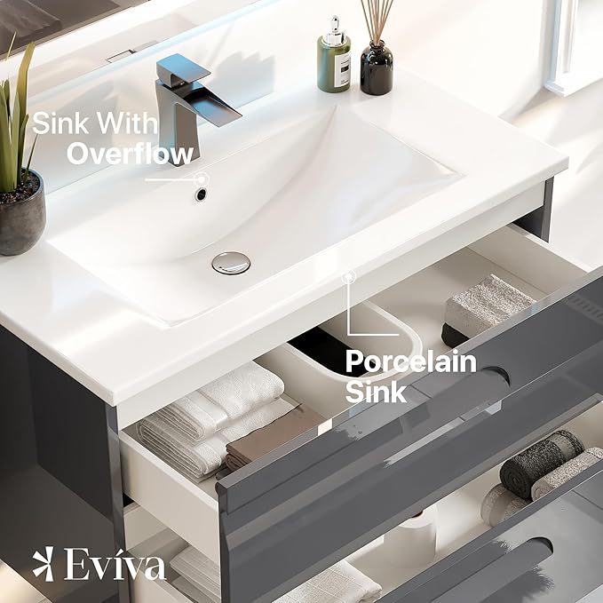 Eviva Joy 40 in. Gray Wall MountSingle Sink Bath Vanity with Porcelain Top and Integrated Sink