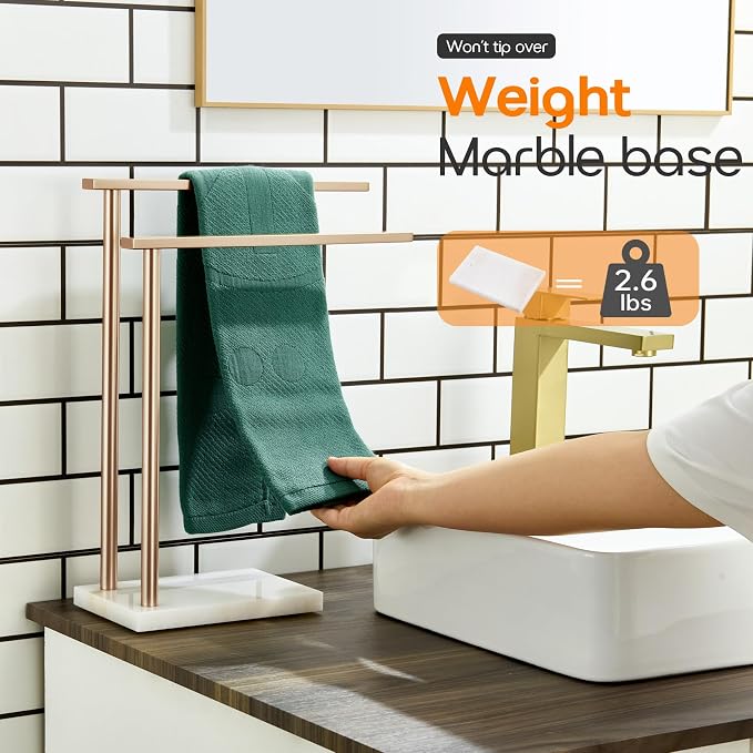 Hand Towel Bars for Bathroom Vanity Countertop 2-Tier Towel Rack Holders Stand with Heavy Marble Base Thicken Steady, Champagne Bronze Stainless Steel AN7003CPG