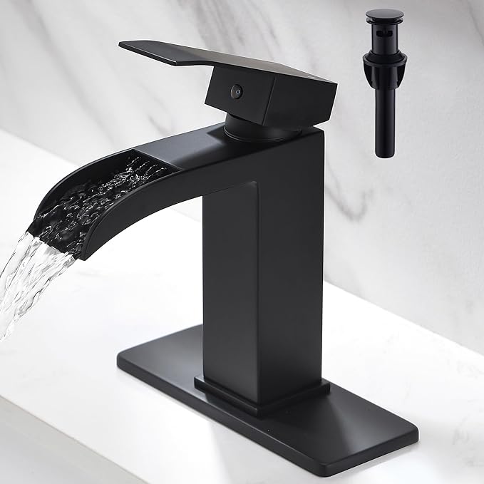 Waterfall Bathroom Faucet Black - Single Handle Bathroom Sink Faucets 1 or 3 Hole for 4IN Modern Solid Vanity Faucet with Deck Plate & Overflow Pop Up Drain Matte Black