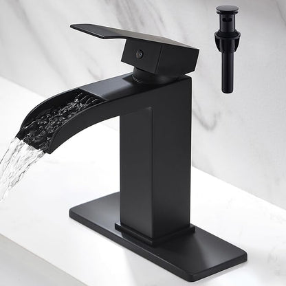 Waterfall Bathroom Faucet Black - Single Handle Bathroom Sink Faucets 1 or 3 Hole for 4IN Modern Solid Vanity Faucet with Deck Plate & Overflow Pop Up Drain Matte Black