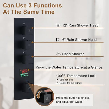 CASAINC Thermostatic Shower System 12" Ceiling-Mounted Rain Shower Head with 6" Shower Head, Smart Shower System with Handheld Spray, LED Light & Music, Water Temperature Display (Matte Black)