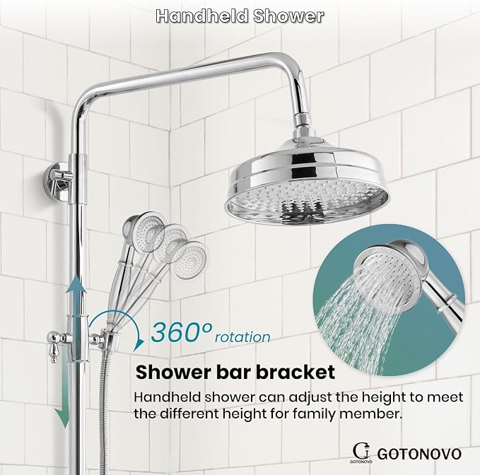 gotonovo Exposed Shower System Wall Mount,Polish Chrome,Metal Handheld | 8” Rain Shower Head Faucet Set Fixtures,2 Function,Two Cross Handle,Height Adjustable,for 5-6.7" Hole,Indoor Victorian Retro