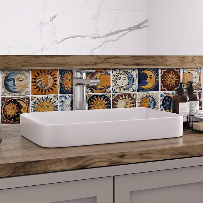 24PCS Sun Moon Talavera Style Tile Stickers 6x6in | Peel and Stick Waterproof Backsplash Tiles for Kitchen Bathroom DIY Decor