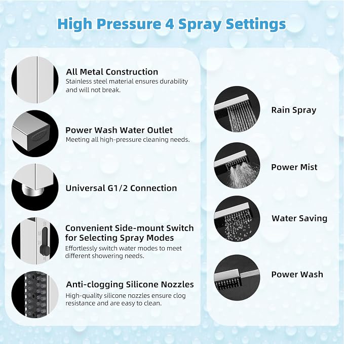 Hibbent All Metal CUPC Certified 10'' Rain Shower Head, Dual Shower Head Combo, High Pressure Handheld 4 Sprays Shower Wand, 16'' Adjustable Extension Arm, 71'' Hose, Shower Holder, Chrome