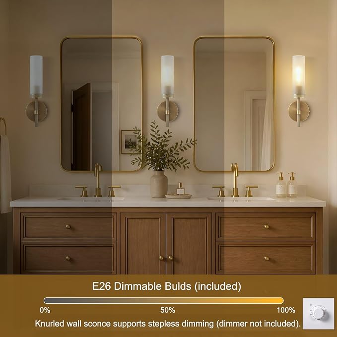 15" Hardwired Frosted Glass 2 PC Bathroom Wall Sconces, Handmade Knurled Brass Wall Light Fixture,Modern Vanity Light for Living Room,Hallway, Bedroom, Indoor Sconces