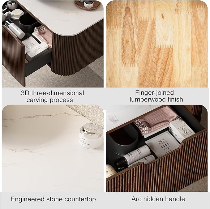 24" Modern Floating Bathroom Vanity with Sink, Wall-Mounted Cabinet with Transparent Black Glass Basin and Marble Top, Extra Soft-Close Large Storage Drawer, Pre-Assembled, Dark Walnut