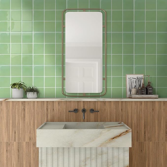 Thicker 3D Peel and Stick Backsplash Tiles, 10 Pcs 12" x 12" | Green, Glossy Self Adhesive Vinyl Backsplash Wall Sticker for Kitchen Bathroom DIY Wall Makeover, Cover 10 sq ft，Removable