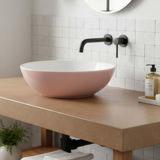 Fine Fixtures Bathroom Sink - 16 Inch Round Ceramic Vessel Sink, Modern Textured Interior Bowl Design, Perfect Sink for Bathroom Vanity, Vintage Rose Wash Basin