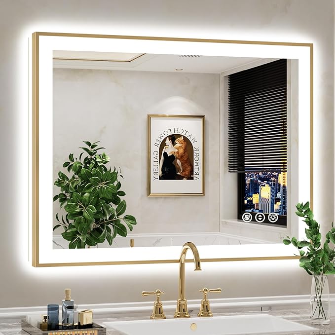 40x30 Inch LED Bathroom Mirror with Lights (Front Lit and Backlit) Gold Framed Lighted Vanity Mirror for Bathroom Wall Dimmable Anti-Fog Memory Tempered Glass Horizontal/Vertical
