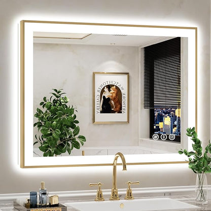 40x30 Inch LED Bathroom Mirror with Lights (Front Lit and Backlit) Gold Framed Lighted Vanity Mirror for Bathroom Wall Dimmable Anti-Fog Memory Tempered Glass Horizontal/Vertical