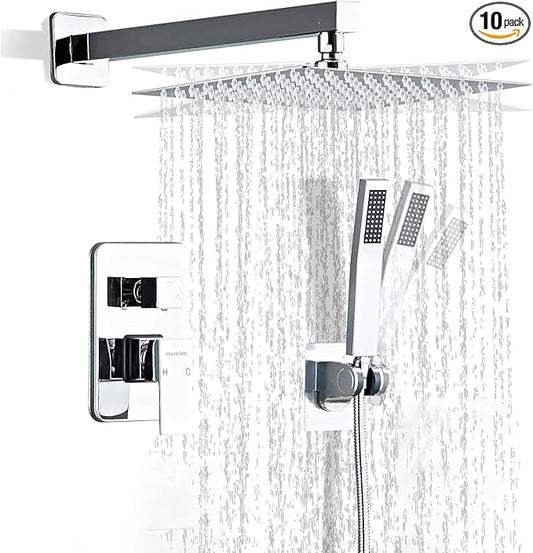8 Inch Polished Chrome Shower Faucet Set with Rain Shower Head and Handheld Spray, Wall Mounted Rainfall Shower Head with Handheld Combo, Bathroom luxury Shower System with Valve and Trim