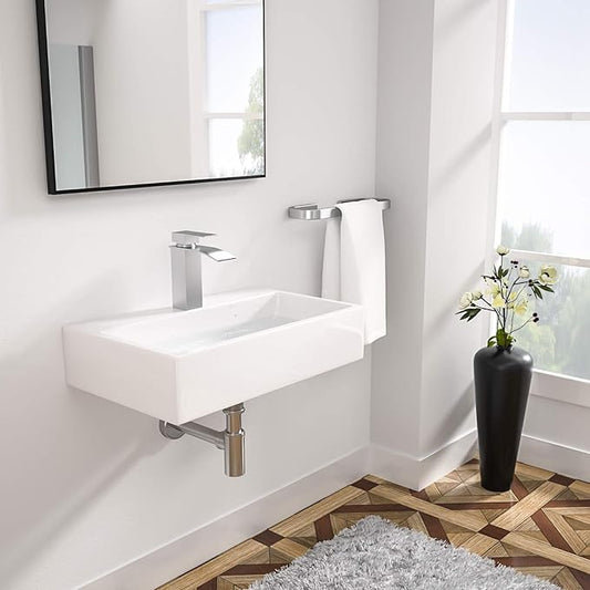 Logmey 20 Inch Wall Mount Bathroom Vessel Sink ADA Rectangle 20"x14" Floating Bathroom Vessel Sink White Porcelain Ceramic Vessel Vanity Sinks Rectangle Art Basin