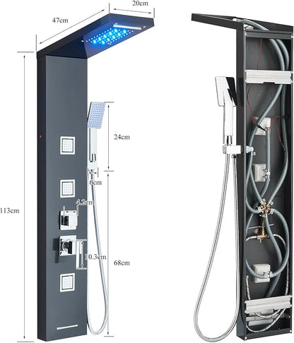 AlenArt Stainless Steel LED Shower Panel Tower System, Bathroom 5-Function Shower Panel Tower with LED Rainfall Waterfall Shower Head, Massage Jets, Tub Spout, Handheld Shower, Black-8126