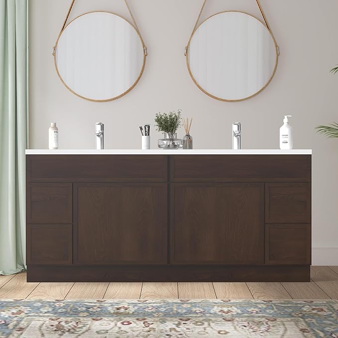 HomeBeyond 72 Inches Bathroom Vanity Base Cabinet Without Sink, Double Sink Top with Door & Soft Closing Drawers, Sturdy Floor Mounted Cabinet 2-Door 4-Drawer, Brown