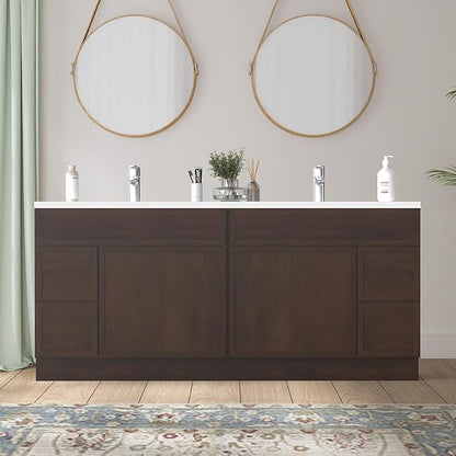 HomeBeyond 72 Inches Bathroom Vanity Base Cabinet Without Sink, Double Sink Top with Door & Soft Closing Drawers, Sturdy Floor Mounted Cabinet 2-Door 4-Drawer, Brown