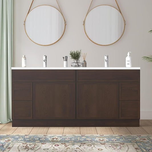 HomeBeyond 72 Inches Bathroom Vanity Base Cabinet Without Sink, Double Sink Top with Door & Soft Closing Drawers, Sturdy Floor Mounted Cabinet 2-Door 4-Drawer, Brown