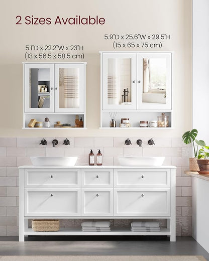 VASAGLE Bathroom Cabinet with Mirror, Wall Cabinet with 2 Mirrored Doors, Adjustable Shelf, Open Compartment, Wall-Mounted, 5.9 x 25.6 x 29.5 Inches, White ULHC012W01