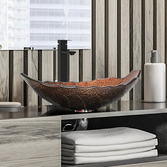 Bathroom Leaf Shape Artistic Glass Vessel Sink Free Black Faucet and Pop-up Drain Set, Brown