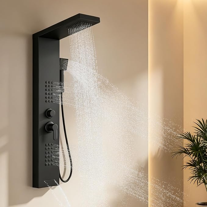 ROVATE Shower Panel Tower System with Rainfall Shower Head, Matte Black | Shower Tower with Powerful Body Jets, Handheld Shower and Tub Spout, Stainless Steel Shower Column Black High Pressure