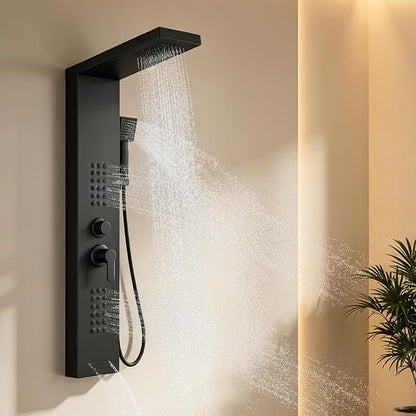 ROVATE Shower Panel Tower System with Rainfall Shower Head, Matte Black | Shower Tower with Powerful Body Jets, Handheld Shower and Tub Spout, Stainless Steel Shower Column Black High Pressure