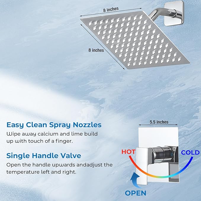 Shower Faucet Set with Tub Spout, 8 Inch Square Wall Mounted Rainfall Shower Head with Rough-in Valve Body, Bathroom Shower Trim Kit Single Function RV Shower System(Chrome)