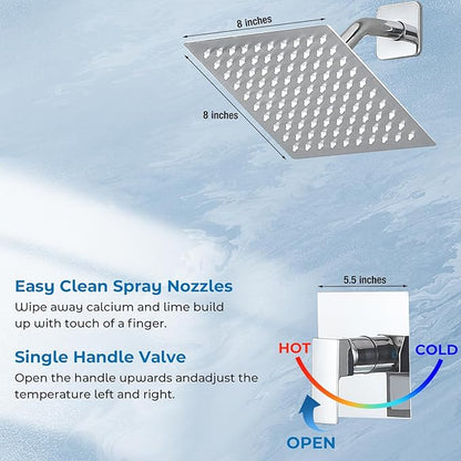 Shower Faucet Set with Tub Spout, 8 Inch Square Wall Mounted Rainfall Shower Head with Rough-in Valve Body, Bathroom Shower Trim Kit Single Function RV Shower System(Chrome)