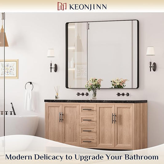 Keonjinn Black Framed Mirrors for Bathroom 48” x 40” Large Rounded Rectangle Wall Mirror, Matte Black Farmhouse Bathroom Vanity Mirror with Seamless Metal Frame, HD Tempered Glass(Horizontal/Vertical)
