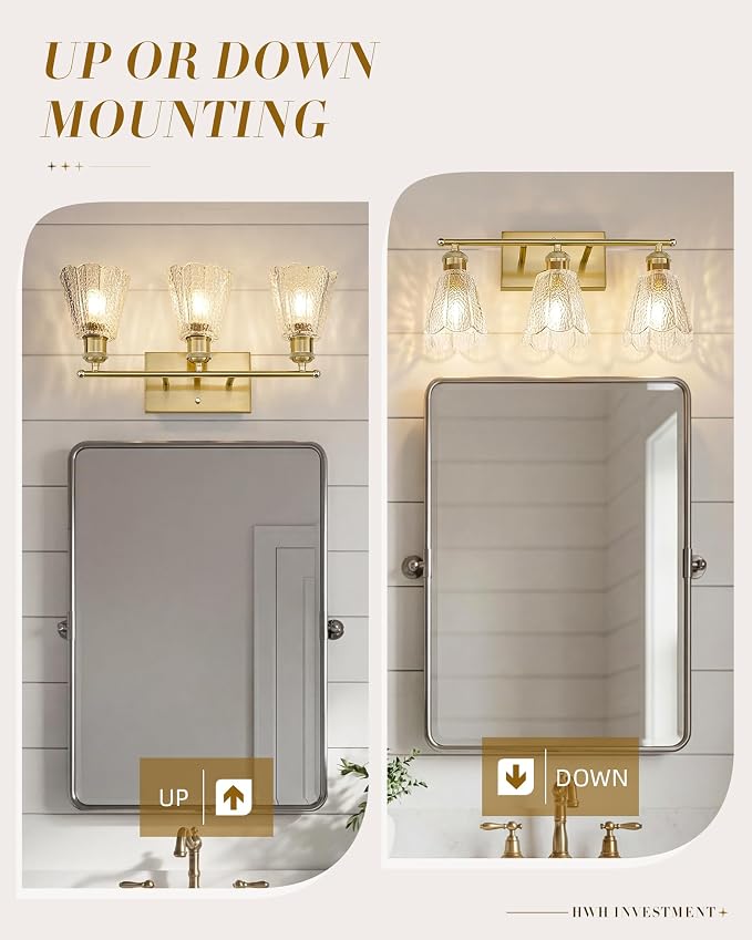 HWH 3-Light Bathroom Wall Sconces, Clear Floral Glass, 5HJX110B-3W BG | Brushed Gold Finish, 20 Inch Bathroom Vanity Light for Bedroom, Sconce Wall Lighting, Standard E26 Bulb Socket, For Foyer