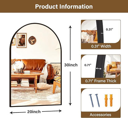 20"x30" Black Arched Bathroom Mirror - Wall Mirror for Bathroom, Metal Frame Vanity Mirror, Dresser Mirror, Arch Decorative Mirrors for Living Room, Bedroom, Entryway, Mantle