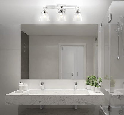 JONATHAN Y 21" Chrome Marion 3-Light Vanity Light Wall Sconce for Bathroom Decor, Clear Seeded Glass Shade, Reversible Hardwired Lamp for Mirror Hallway, LED Bulb (JYL7434A)