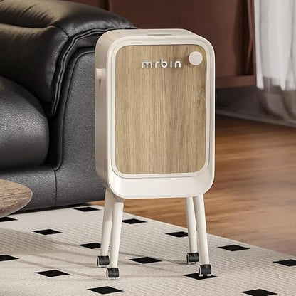 MRBIN Stainless Steel Motion Sensor Trash Can Bathroom with Butterfly Lid and Leg, 5.5 Gal Wheeled Tall Automatic Smart Waste Basket Garbage for Bedroom, Kitchen, Cream White with Walnut Pattern
