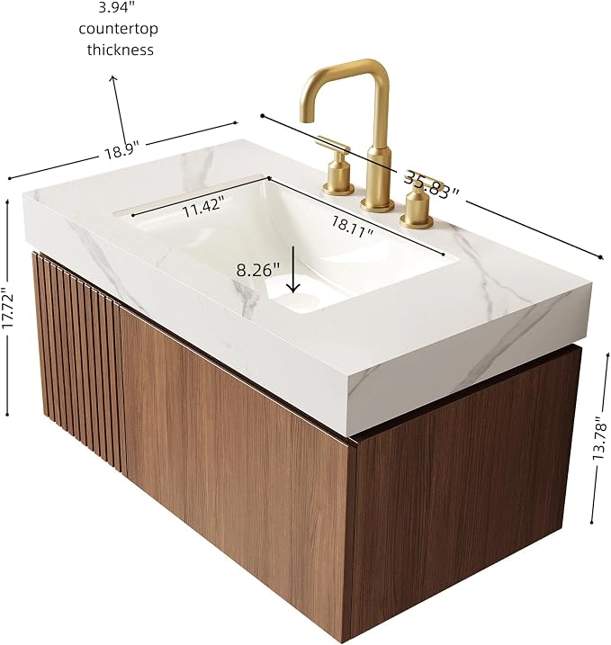 KEIKI 36 Inch Floating Bathroom Vanity with Sink, Brown Oak & White | Modern Wall Mounted Storage Cabinet w/ Drawer & Door, Pre-assembled Wood Panels, Sintered Stone Top & Ceramic Basin Combo Set