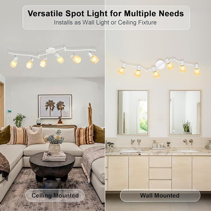 HiBay 6-Light Track Lighting, Flexible Modern Ceiling Light Fixture White | with Glass Shades, Flush Mount Ceiling Wall Track Spot Lights Indoor for Kitchen, Living Room, Bedroom, E12 Base, No Bulbs