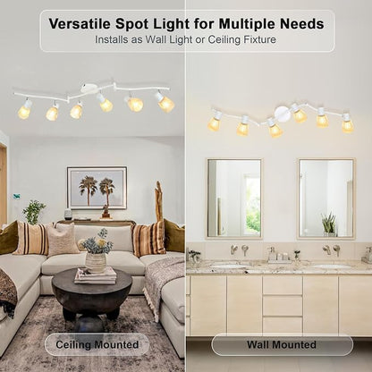 HiBay 6-Light Track Lighting, Flexible Modern Ceiling Light Fixture White | with Glass Shades, Flush Mount Ceiling Wall Track Spot Lights Indoor for Kitchen, Living Room, Bedroom, E12 Base, No Bulbs