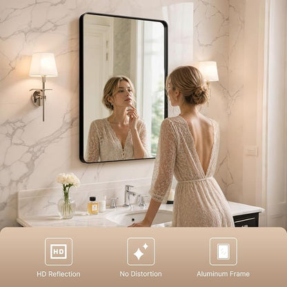 36"x24" Bathroom Vanity Mirror for Wall Aluminum Framed Farmhouse Rectangle | Anti-Rust, HD Reflection Anti-Desilvering, Distortion Free, Tempered and Shatter-Proof Wall Mounted Mirror, Black