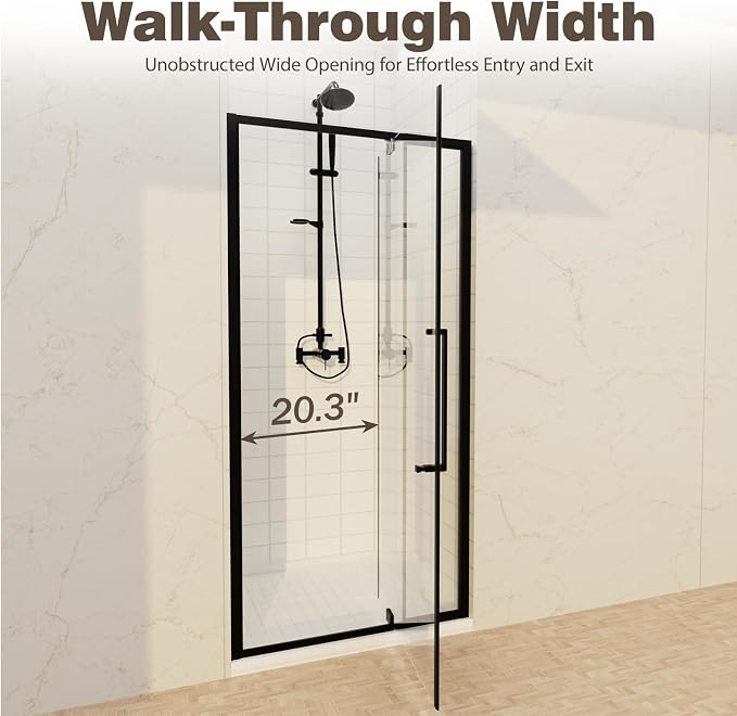 32-36" W x 72" H Semi-Frameless Pivot Swing Shower Doors | 1/4" (6mm) Clear SGCC Tempered Glass with a 20.3" walk-in opening, Matte Black Finish, Reversible, Magnetic Closing