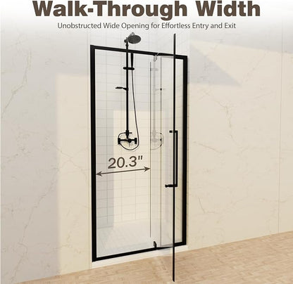 32-36" W x 72" H Semi-Frameless Pivot Swing Shower Doors | 1/4" (6mm) Clear SGCC Tempered Glass with a 20.3" walk-in opening, Matte Black Finish, Reversible, Magnetic Closing