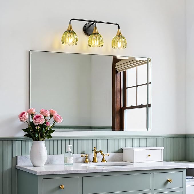 Bathroom Vanity Light Fixtures: 3-Lights Vintage Bathroom Lights Over Mirror with Ribbed Green Tulip Glass Shade - 22.4 inch Black and Gold Wall Sconce Bath Lighting